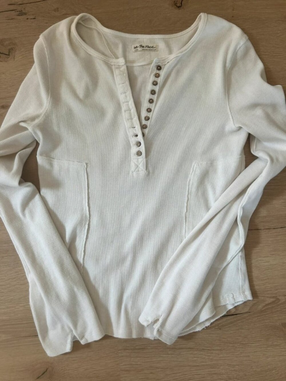 Cream Ribbed Long Sleeve Henley Top Stud Button Detail  Size L